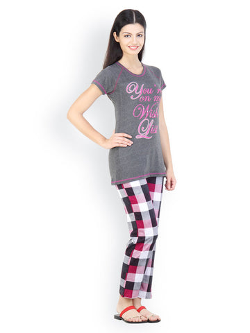 Floret Women Grey &amp; Pink Printed Lounge Set 1006