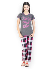 Floret Women Grey &amp; Pink Printed Lounge Set 1006