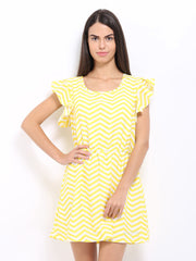Flying Machine Yellow &amp; White Printed Fit &amp; Flare Dress