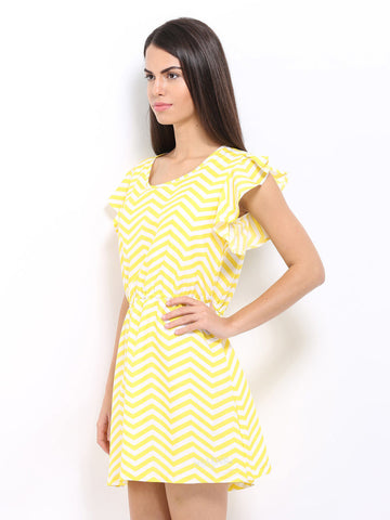 Flying Machine Yellow &amp; White Printed Fit &amp; Flare Dress