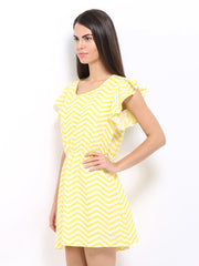 Flying Machine Yellow &amp; White Printed Fit &amp; Flare Dress