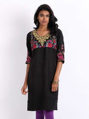Folklore Women Black Linen Blend Embroidered Kurta