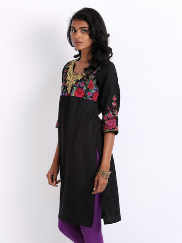 Folklore Women Black Linen Blend Embroidered Kurta