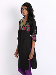 Folklore Women Black Linen Blend Embroidered Kurta