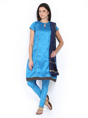 Folklore Women Blue Embroidered Churidar Kurta with Dupatta