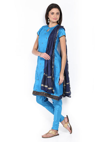 Folklore Women Blue Embroidered Churidar Kurta with Dupatta