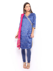 Folklore Women Blue Embroidered Churidar Kurta with Dupatta