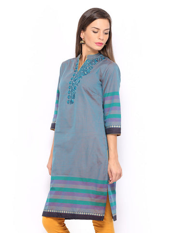 Folklore Women Blue Striped Kurta