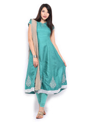 Folklore Women Green Churidar Kurta with Dupatta