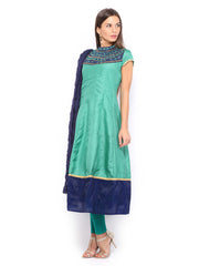 Folklore Women Green &amp; Blue Embroidered Anarkali Churidar Kurta with Dupatta