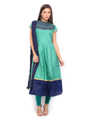 Folklore Women Green &amp; Blue Embroidered Anarkali Churidar Kurta with Dupatta