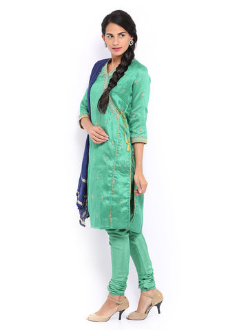Folklore Women Green &amp; Navy Embroidered Churidar Kurta with Dupatta