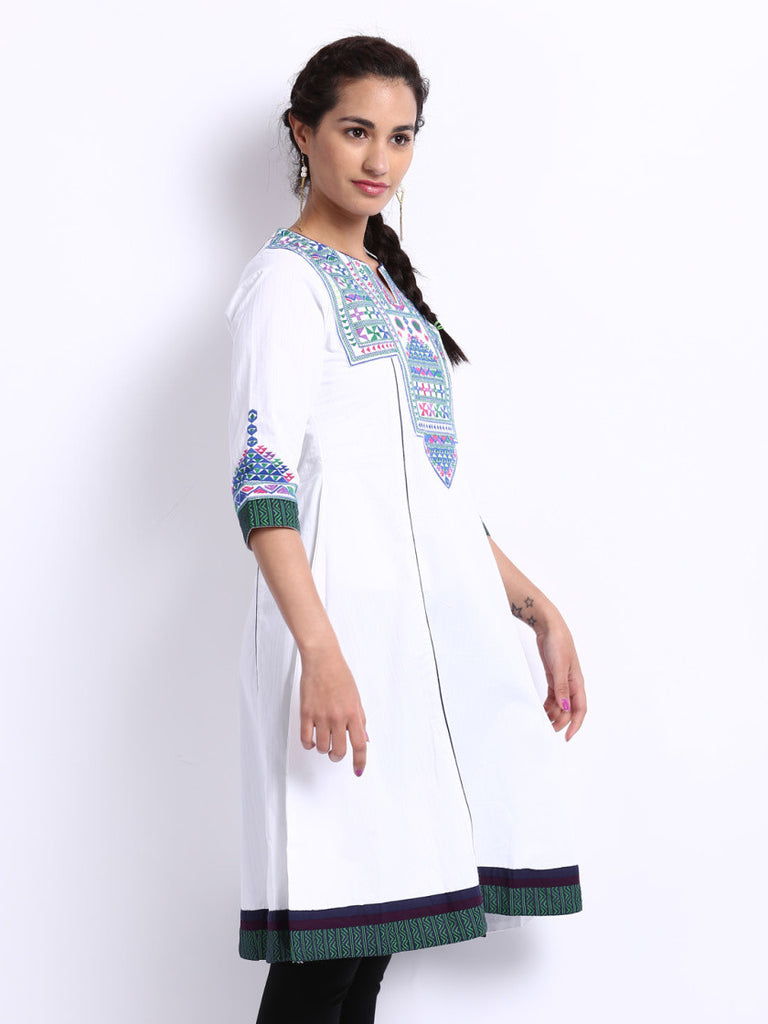 Folklore Women White Embroidered Anarkali Kurta