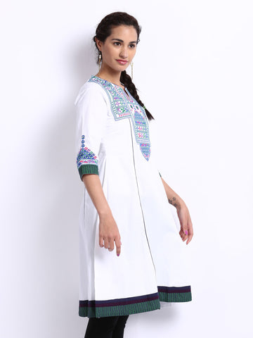 Folklore Women White Embroidered Anarkali Kurta