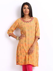 Folklore Women Orange Jacquard Kurta