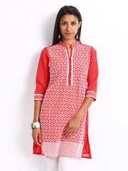 Folklore Women Coral Red Embroidered Kurta