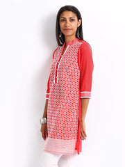 Folklore Women Coral Red Embroidered Kurta