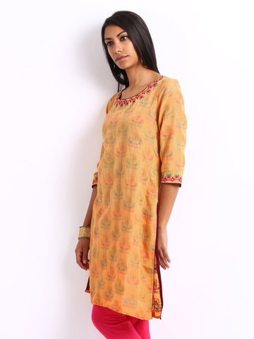 Folklore Women Orange Jacquard Kurta