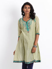 Folklore Women Light Green Linen Blend Embroidered Kurta