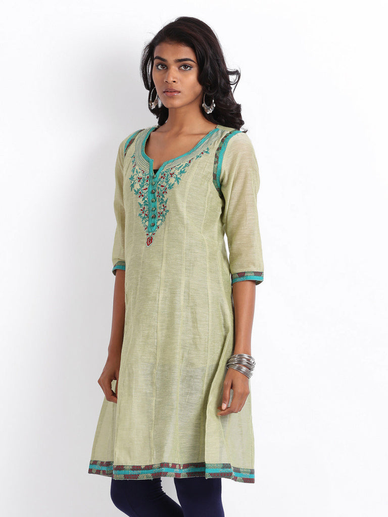 Folklore Women Light Green Linen Blend Embroidered Kurta