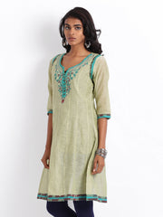 Folklore Women Light Green Linen Blend Embroidered Kurta