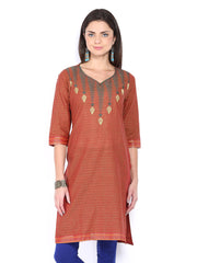 Folklore Women Rust Orange Embroidered Kurta