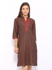 Folklore Women Brown Embroidered Kurta