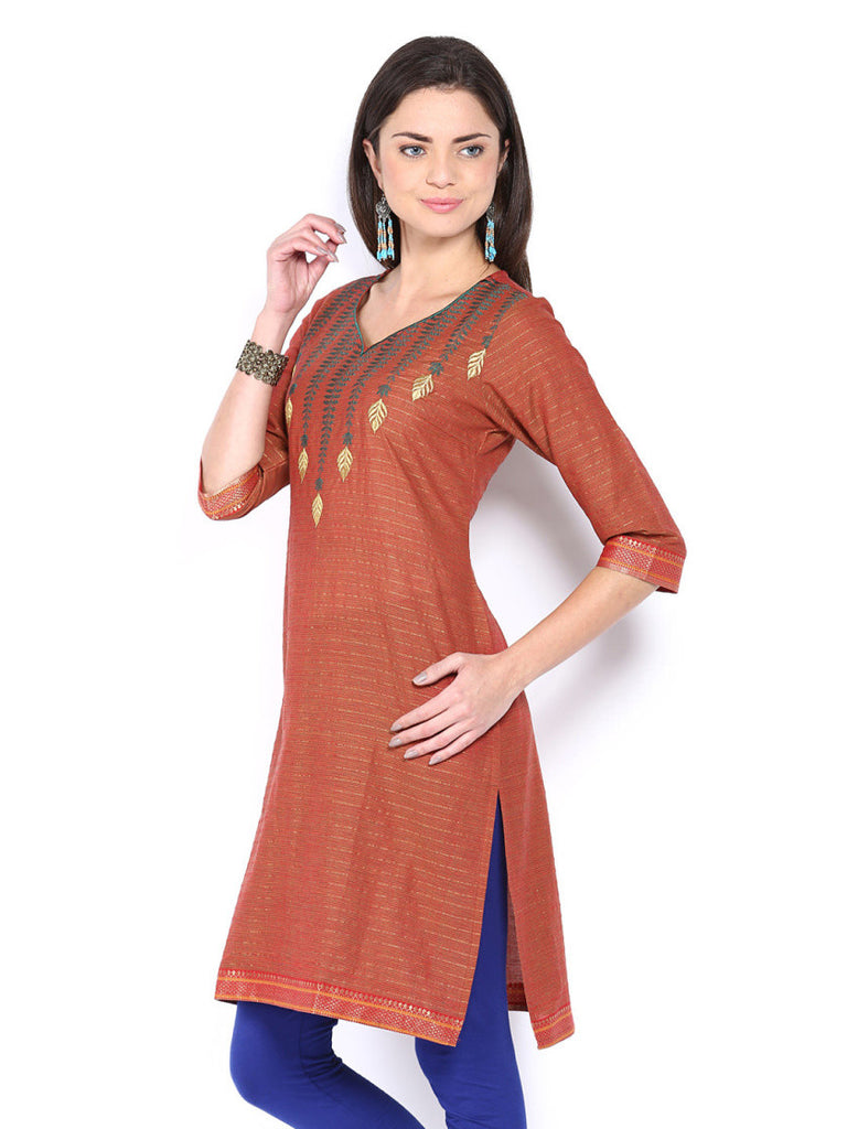 Folklore Women Rust Orange Embroidered Kurta