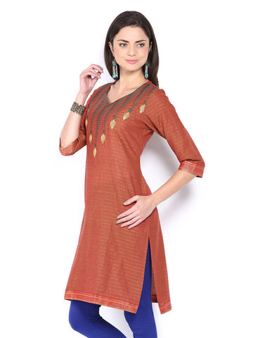 Folklore Women Rust Orange Embroidered Kurta