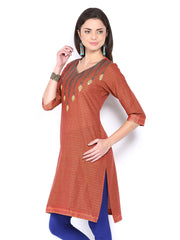 Folklore Women Rust Orange Embroidered Kurta