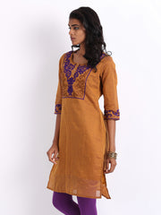 Folklore Women Mustard Brown Linen Blend Embroidered Kurta