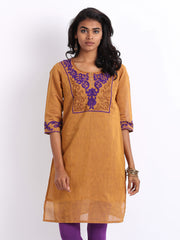 Folklore Women Mustard Brown Linen Blend Embroidered Kurta