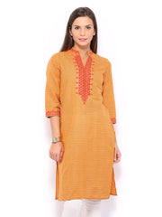 Folklore Women Orange Embroidered Kurta