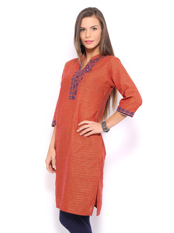Folklore Women Orange Striped Kurta