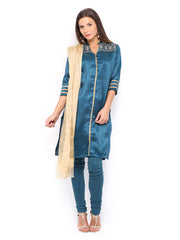 Folklore Women Teal Blue &amp; Gold Toned Embroidered Churidar Kurta with Dupatta