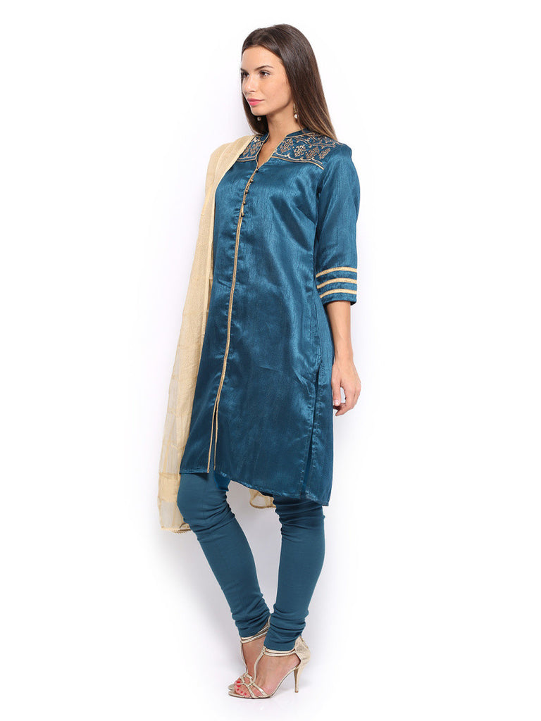 Folklore Women Teal Blue &amp; Gold Toned Embroidered Churidar Kurta with Dupatta