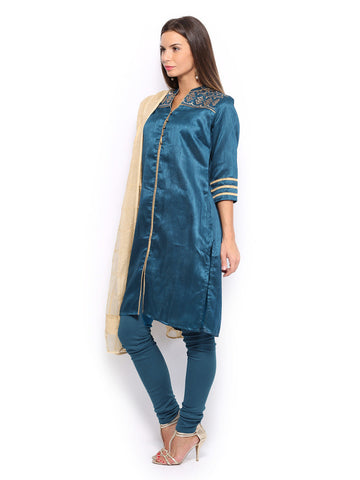 Folklore Women Teal Blue &amp; Gold Toned Embroidered Churidar Kurta with Dupatta