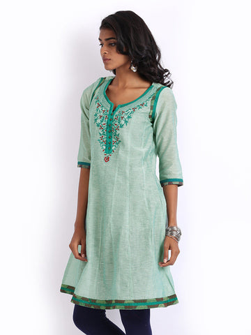 Folklore Women Green Linen Blend Embroidered Kurta