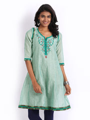Folklore Women Green Linen Blend Embroidered Kurta