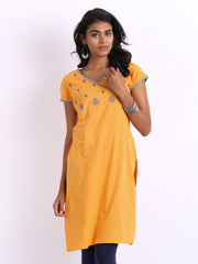 Folklore Women Yellow Embroidered Kurta