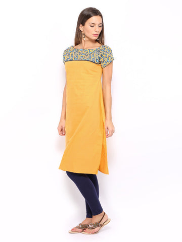Folklore Women Yellow Embroidered Kurta