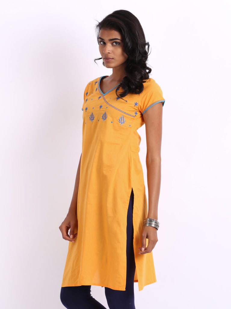 Folklore Women Yellow Embroidered Kurta