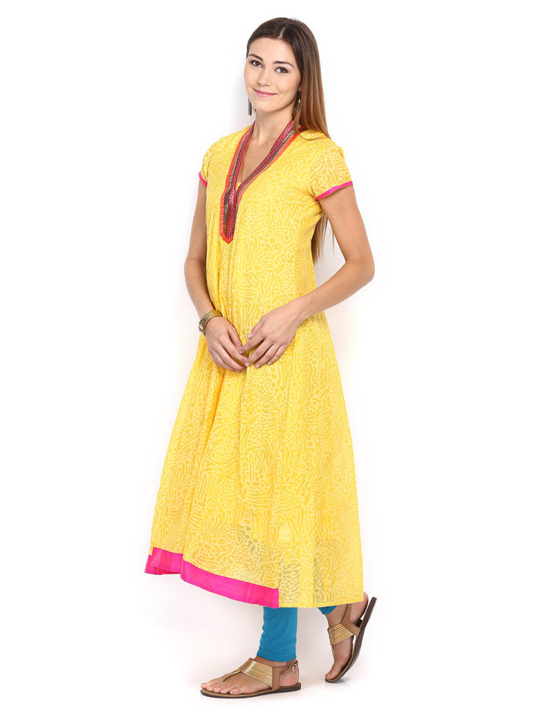 Folklore Women Yellow Printed Kurta