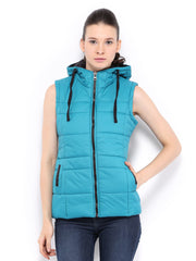 Fort Collins Women Blue Padded Hooded Sleeveless Jacket
