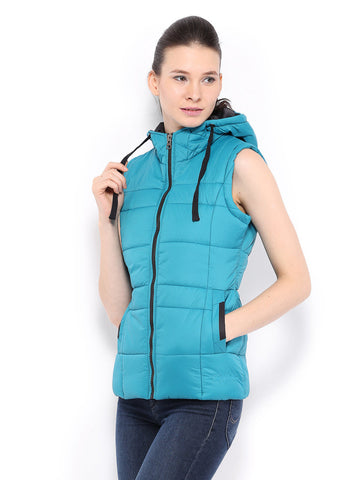 Fort Collins Women Blue Padded Hooded Sleeveless Jacket