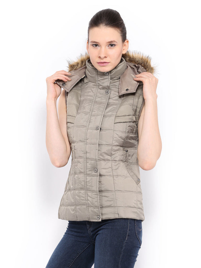 Fort Collins Women Beige Padded Sleeveless Jacket