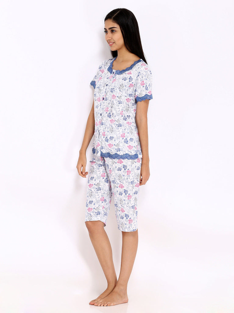 Fort Collins Women White &amp; Blue Floral Printed Lounge Set NS 0018