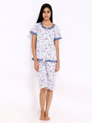 Fort Collins Women White &amp; Blue Floral Printed Lounge Set NS 0018