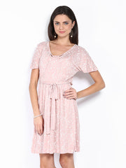 French Connection Light Pink &amp; White Printed Fit &amp; Flare Dress