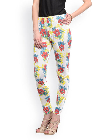 GRITSTONES Women White Floral Print Ankle-Length Leggings